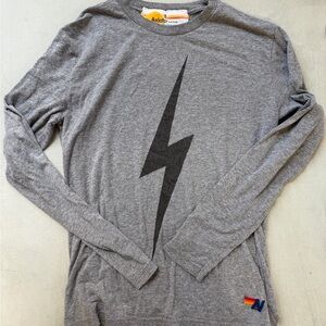Aviator Nation Gray Long Sleeve Tee with Black Lightning Bolt